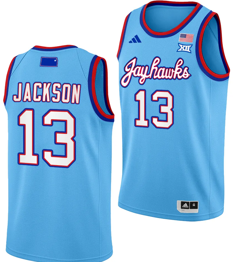 Elmarko Jackson Jersey #13 Kansas Jayhawks Basketball DRIP Alternate 2023-24 Baby Blue