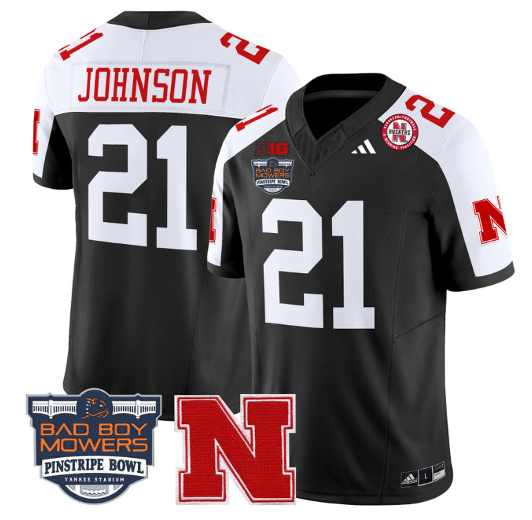 Emmett Johnson Jersey #21 Nebraska Cornhuskers 2025 Pinstripe Bowl Black Scarlet
