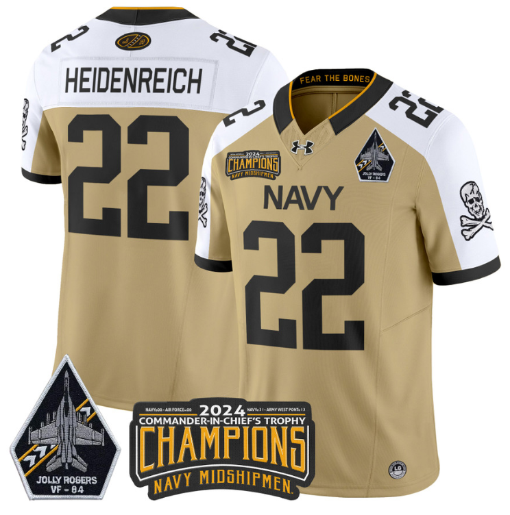 Eli Heidenreich Jersey #22 Navy Midshipmen 2024 Jolly Rogers Champions Gold White