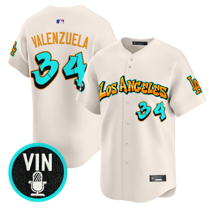 Fernando Valenzuela Jersey #34 Los Angeles Dodgers Graffiti Street Style Cream