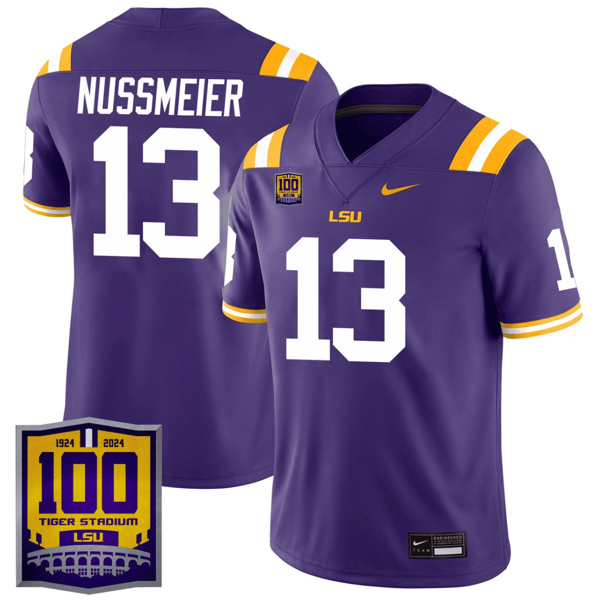 Garrett Nussmeier Jersey #13 LSU Tigers 100 Years of Tiger Stadium Patch Purple