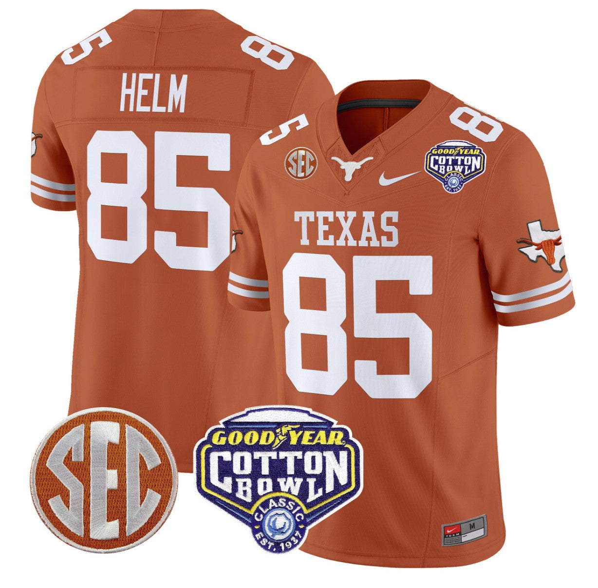 Gunnar Helm Jersey #85 Texas Longhorns Cotton Bowl Patch Stitched Texas Orange