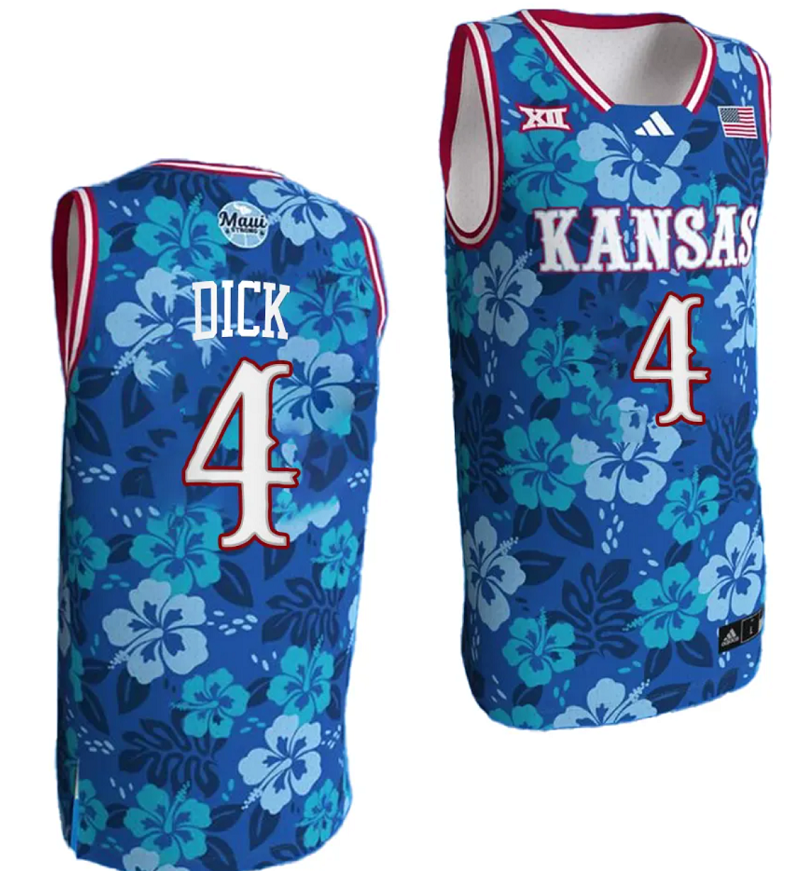 Gradey Dick Jersey #4 Kansas Jayhawks Bill Self Game College Basketball Blue Maui Strong