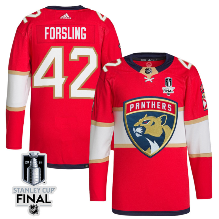Gustav Forsling 42 Florida Panthers 2024 STANLEY CUP Final Home Breakaway Jersey Men, Red
