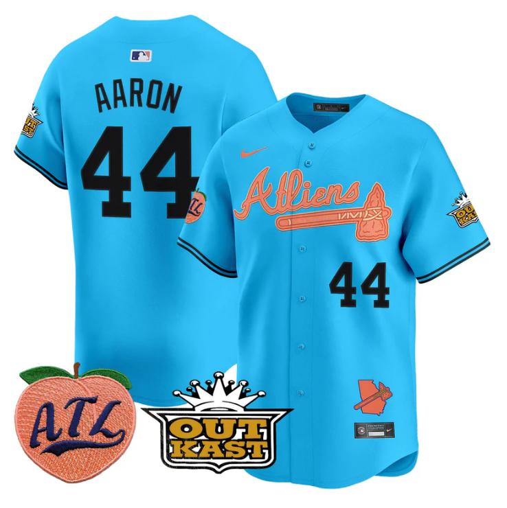 Hank Aaron Jersey #44 Atlanta Braves Atliens Peach Vapor Premier Limited Stitched Light Blue