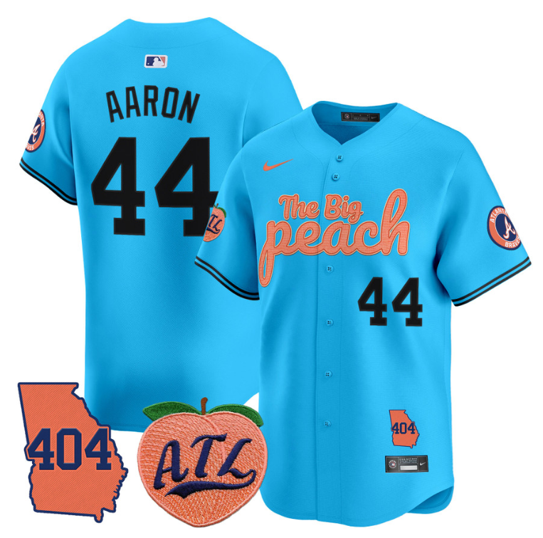 Hank Aaron Jersey #44 Atlanta Braves 404 & The Big Peach Premier Limited Stitched Light Blue