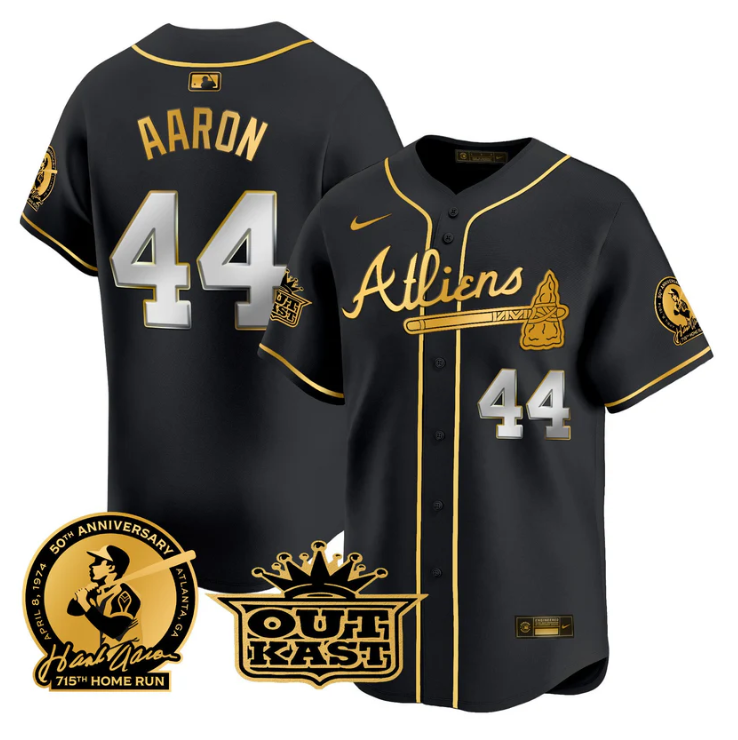 Hank Aaron Jersey #44 Atlanta Braves Atliens Patch Limited Stitched Black Gold
