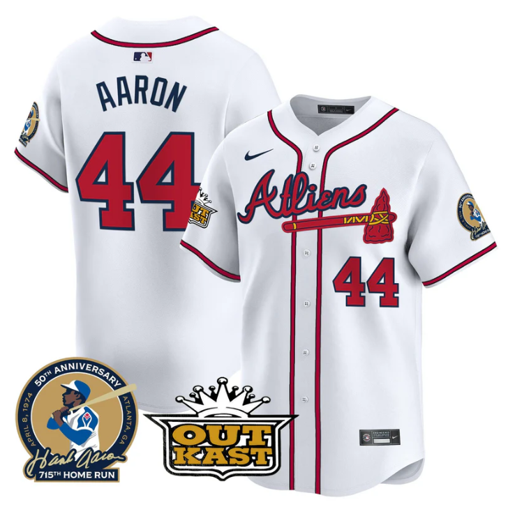 Hank Aaron Jersey #44 Atlanta Braves Atliens Patch Limited Stitched White