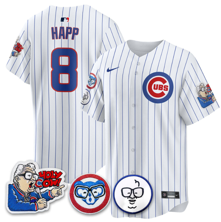 Ian Happ Jersey #8 Chicago Cubs Harry Caray Holy Cow Patch Premier Limited Stitched White