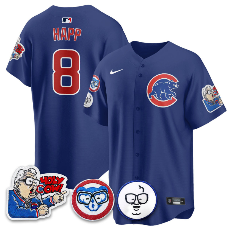 Ian Happ Jersey #8 Chicago Cubs Harry Caray Holy Cow Patch Premier Limited Stitched White Gold