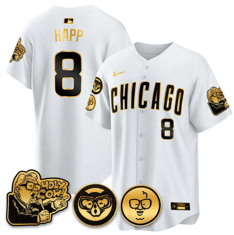 Ian Happ Jersey #8 Chicago Cubs Harry Caray Holy Cow Patch Premier Limited Stitched White Gold