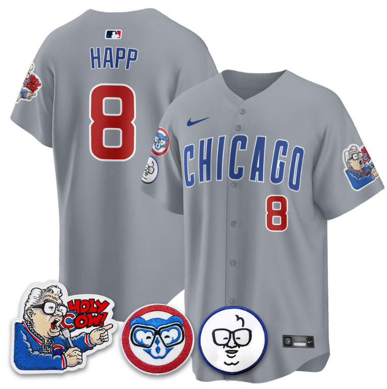 Ian Happ Jersey #8 Chicago Cubs Harry Caray Holy Cow Patch Premier Limited Stitched Gray