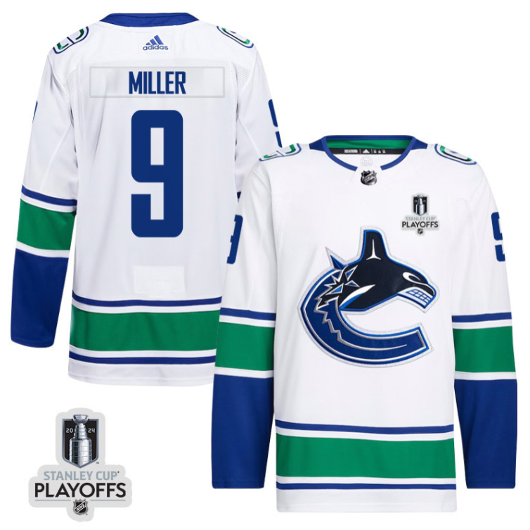 J.T. Miller 9 Vancouver Canucks 2024 NHL Playoffs Patch Away Jersey - Men, White