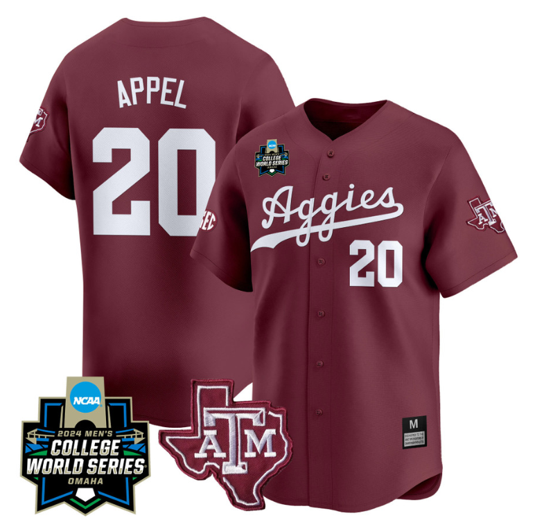 Jackson Appel Jersey #20 Texas AM Aggies 2024 College World Series Vapor Premier Limited NCAA Baseball Stitched Maroon