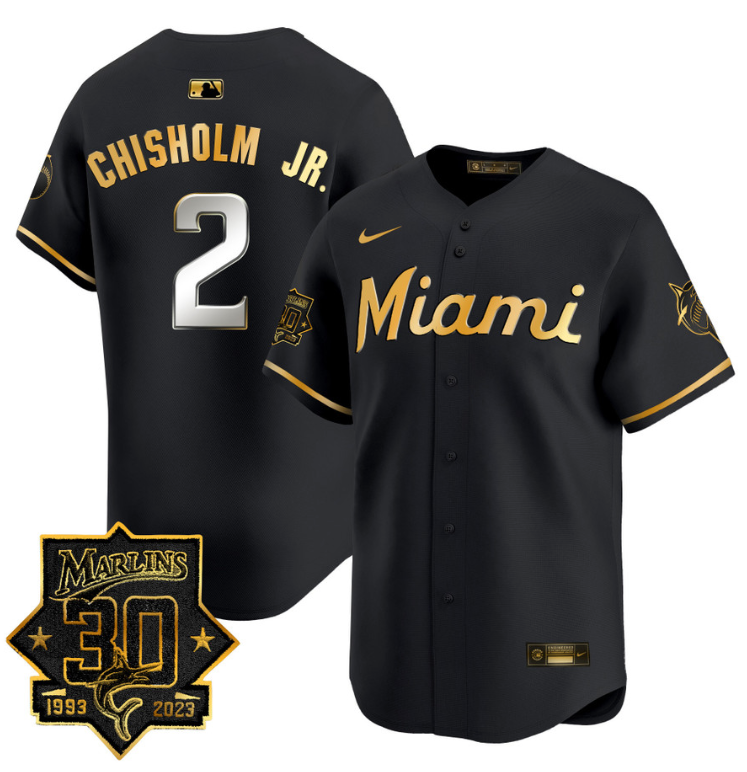 Jazz Chisholm Jr Jersey #2 Miami Marlins 30 Seasons Anniversary Patch Limited Stitched Black Gold