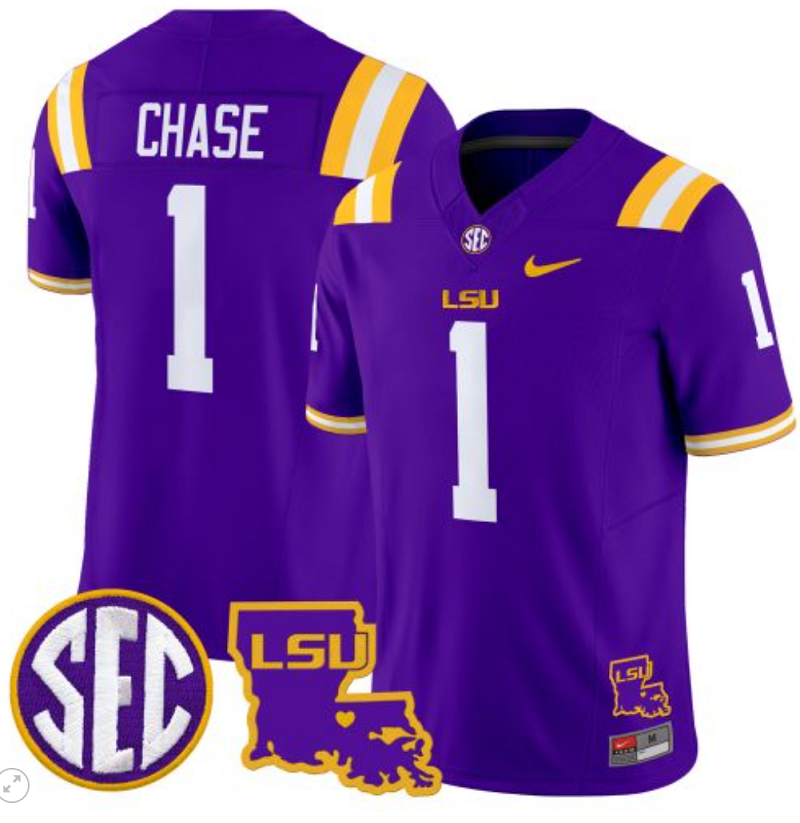 Ja'Marr Chase Jersey #1 LSU Tigers 2024 Louisiana Patch Vapor Limited College Football Stitched Purple
