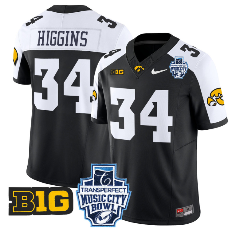 Jay Higgins Jersey #34 Iowa Hawkeyes 2024 Music City Bowl Patch Black Alternate
