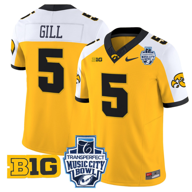 Jacob Gill Jersey #5 Iowa Hawkeyes 2024 Music City Bowl Patch Gold Alternate