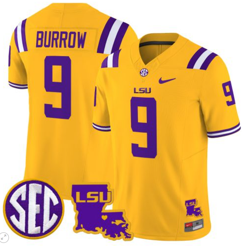 Joe Burrow Jersey #9 LSU Tigers 2024 Louisiana Patch Vapor Limited College Football Stitched Gold