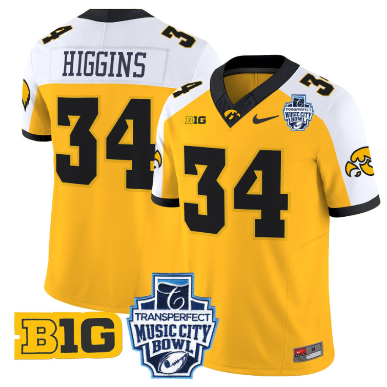 Jay Higgins Jersey #34 Iowa Hawkeyes 2024 Music City Bowl Patch Gold Alternate