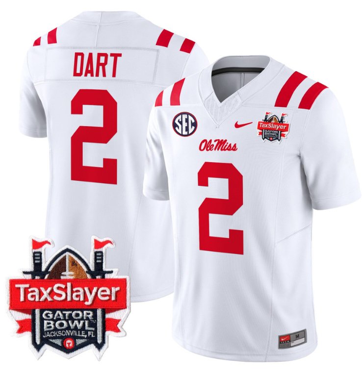 Jaxson Dart Jersey #2 Ole Miss Rebels 2024 Gator Bowl Patch V2 White