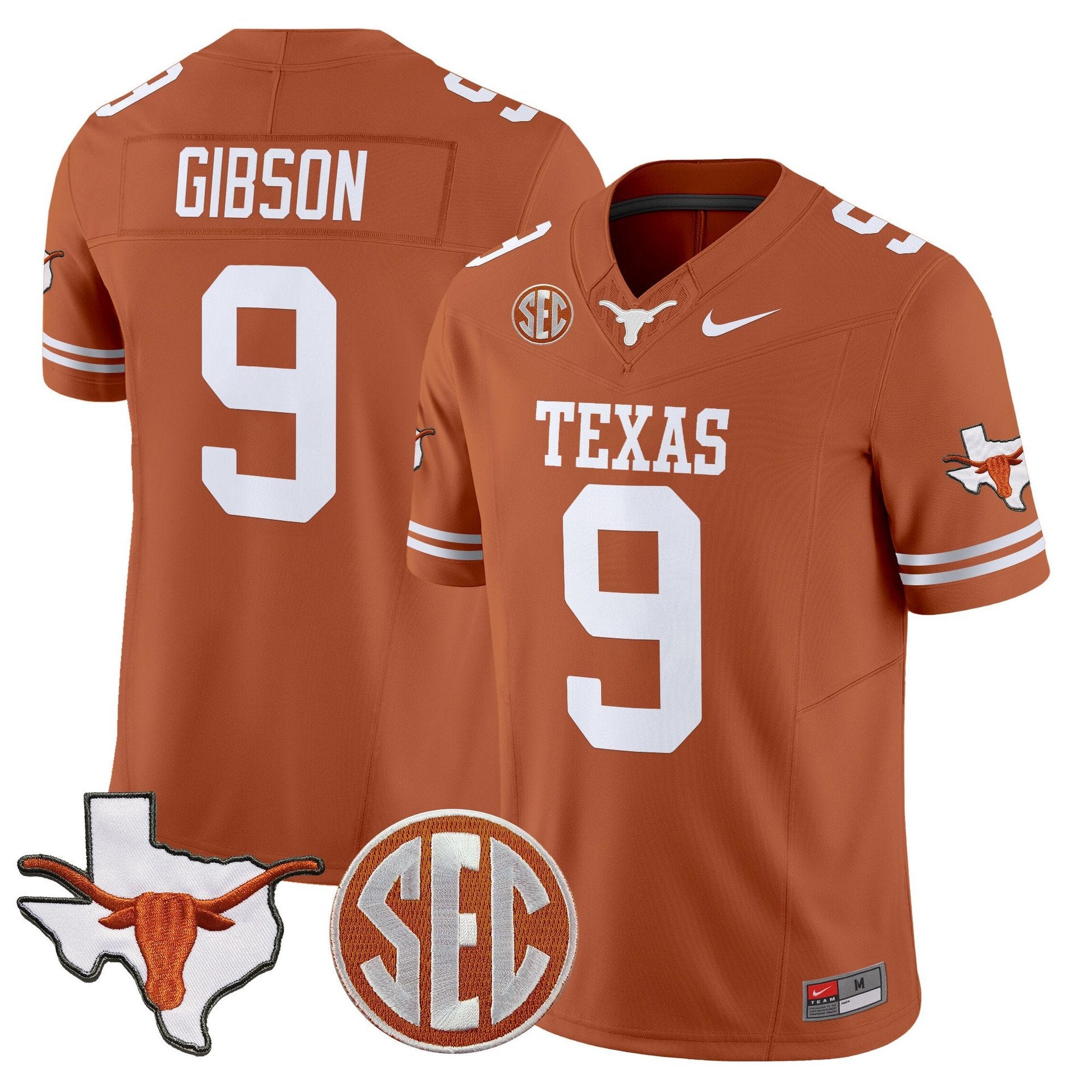 Jerrick Gibson Jersey #9 Texas Longhorns 2025 State Map SEC Patch Texas Orange