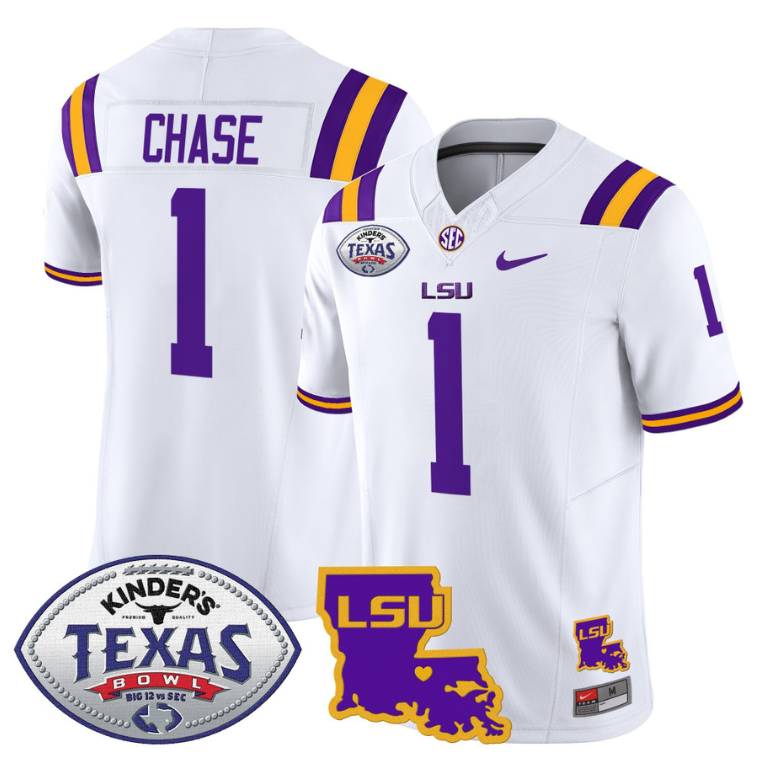 Ja'Marr Chase Jersey #1 LSU Tigers 2024 Texas Bowl Patch Football Stitched White