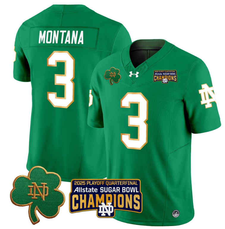 Joe Montana Jersey #3 Notre Dame 2025 Sugar Bowl Champions Patch Green