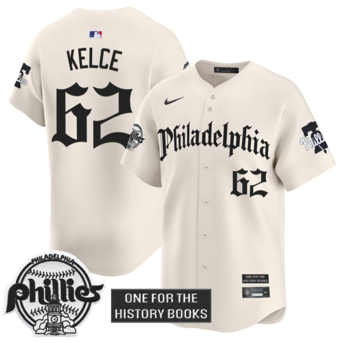 Jason Kelce Jersey #62 Phillies Retro Newspaper Edition Vapor Premier Limited Stitched Cream