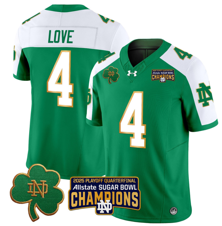 Jeremiyah Love Jersey #4 Notre Dame 2025 Sugar Bowl Champions Green Alternate