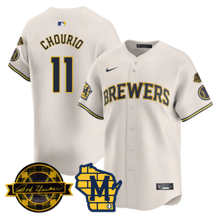 Jackson Chourio Jersey #11 Milwaukee Brewers 2025 Limited Bob Uecker Patch Stitched Cream