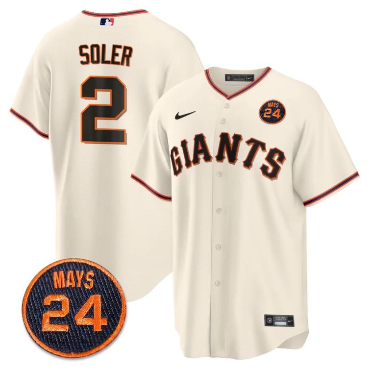 Jorge Soler Jersey #2 San Francisco Giants #24 Willie Mays Patch 2024 Vapor Premier Cream Home