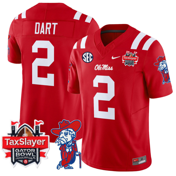 Jaxson Dart Jersey #2 Ole Miss Rebels 2025 Gator Bowl Patch Football Red