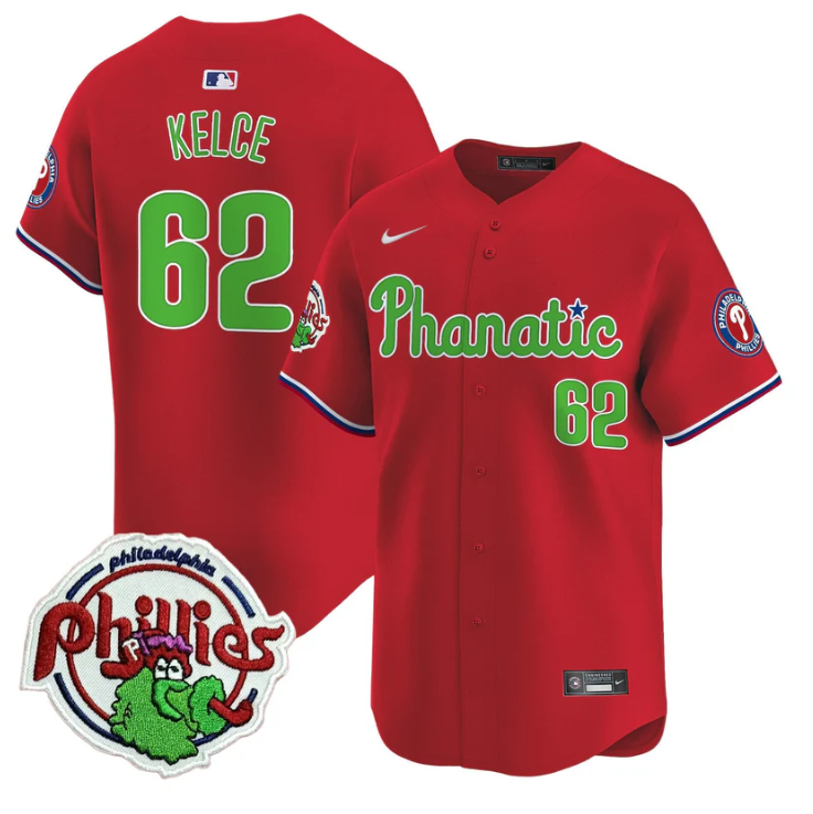 Jason Kelce Jersey #62 Phillies Phanatic Patch Vapor Premier Limited Stitched Red