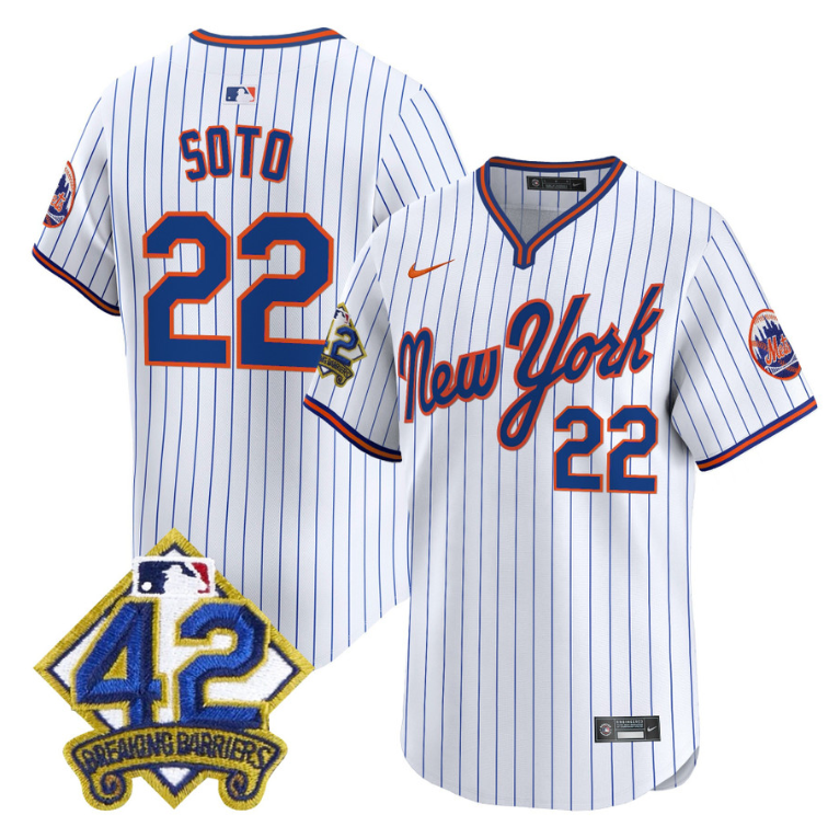 Juan Soto Jersey #22 New York Mets 2025 Jackie Robinson Patch Road Alternate Stitched Pinstripe
