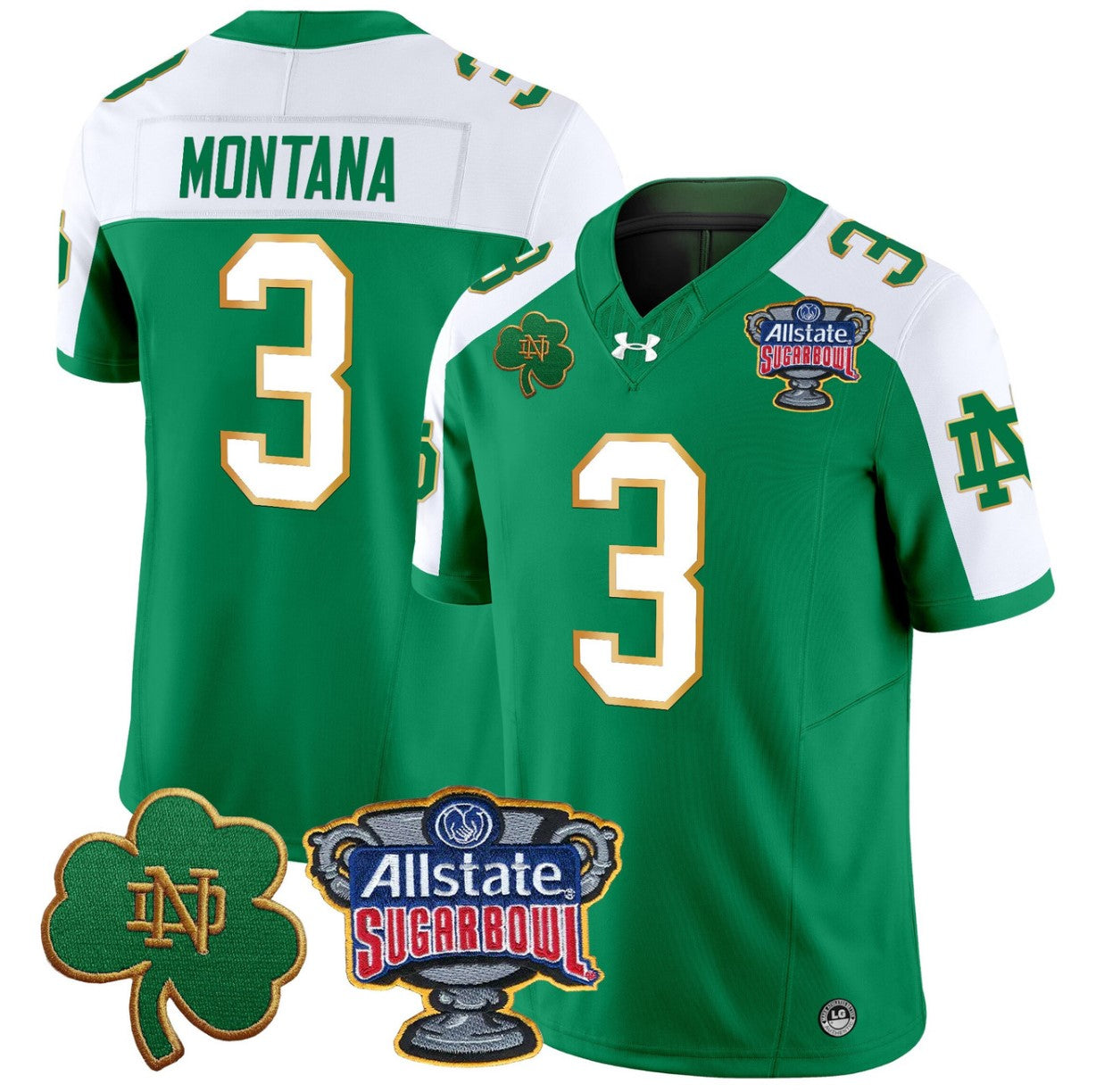 Joe Montana Jersey #3 Notre Dame 2024 Sugar Bowl Patch V2 Stitched Green Alternate