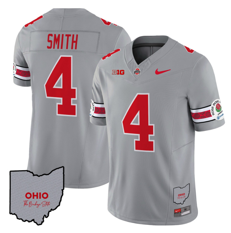 Jeremiah Smith Jersey #4 Ohio State Rose Bowl Patch Football V3 Stitched Gray