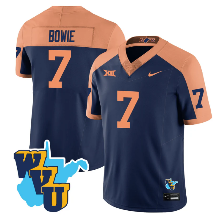 Jarod Bowie Jersey #7 West Virginia Mountaineers 1965-2025 Throwback Navy Alternate
