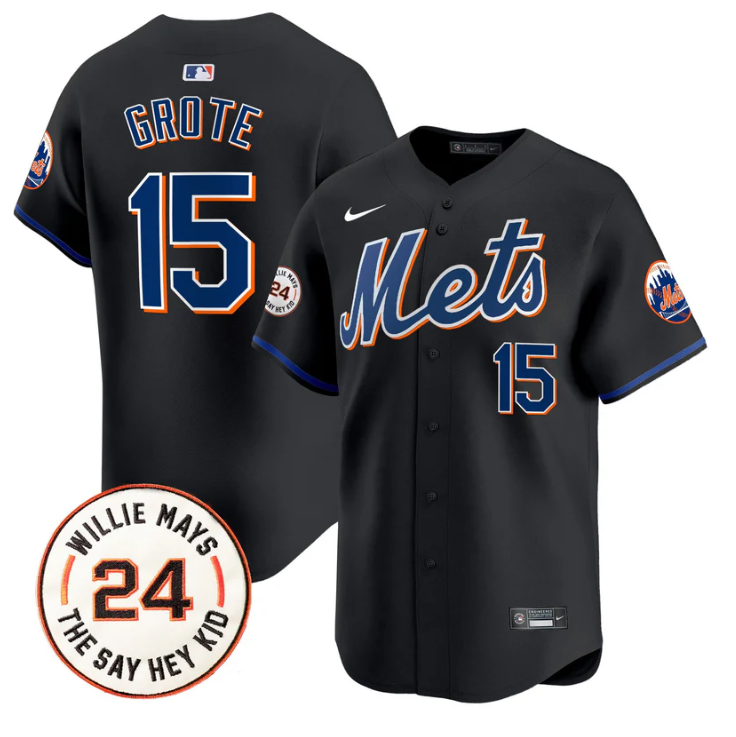 Jerry Grote Jersey #15 Mets Willie Mays Patch Vapor Premier Limited Stitched Black