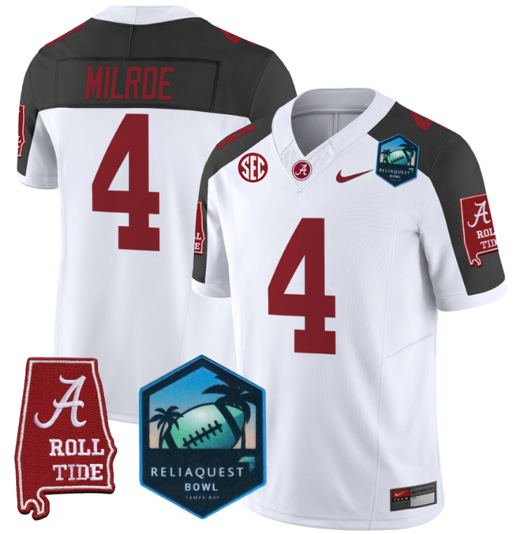 Jalen Milroe Jersey #4 Alabama Crimson Tide 2025 ReliaQuest Bowl White