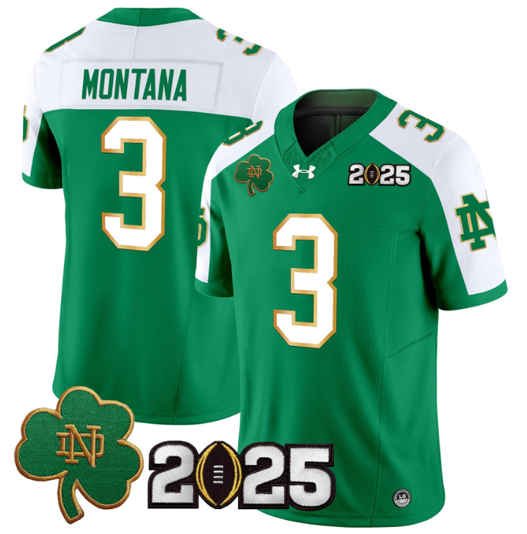 Joe Montana Jersey #3 Notre Dame 2025 CFP Final Patch Green Alternate