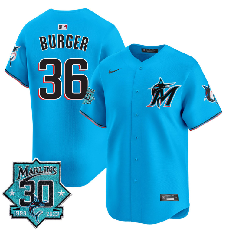 Jake Burger Jersey #36 Miami Marlins 30 Seasons Anniversary Patch Vapor Limited Stitched Blue