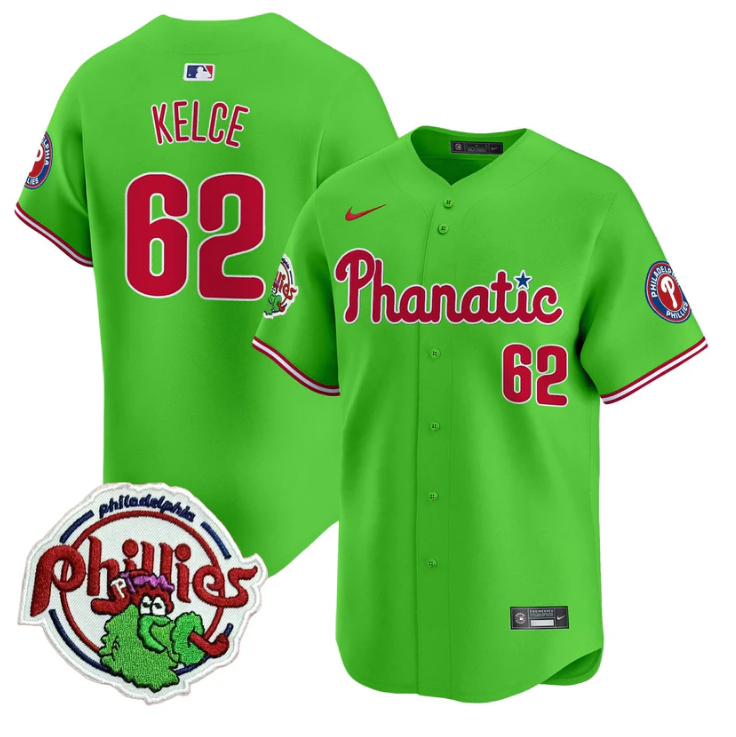 Jason Kelce Jersey #62 Phillies Phanatic Patch Vapor Premier Limited Stitched Green