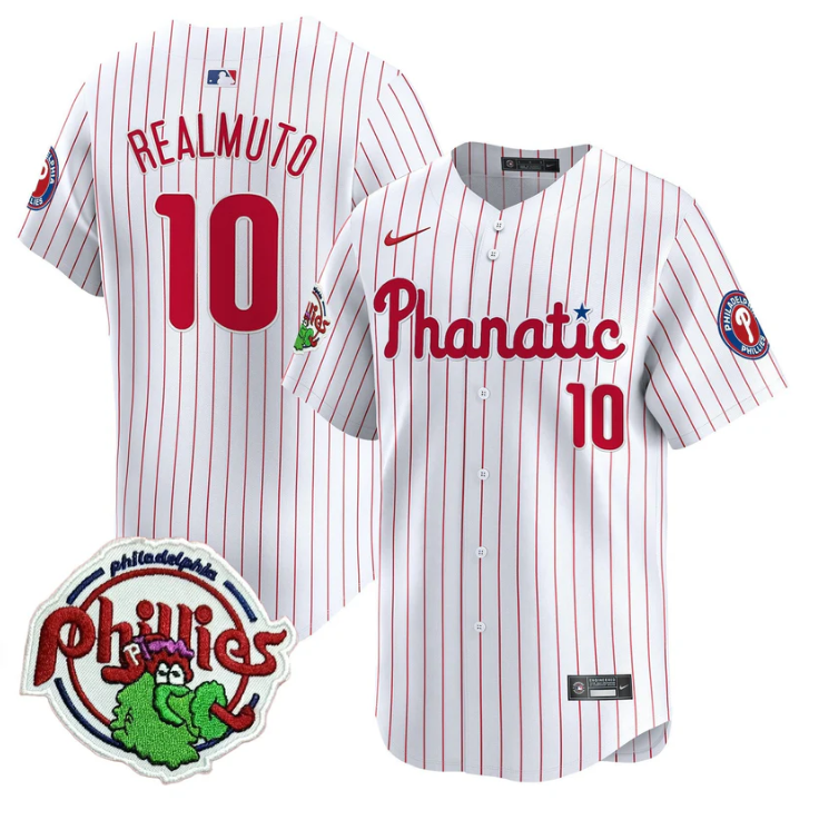 J.T.Realmuto Jersey #10 Phillies Phanatic Patch Vapor Premier Limited Stitched White Pinstripe