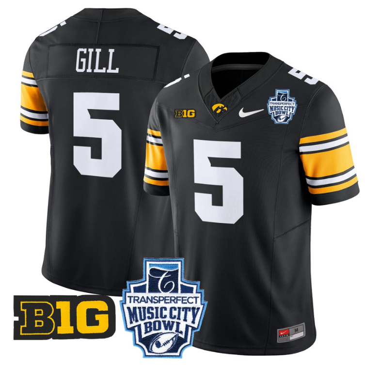 Jacob Gill Jersey #5 Iowa Hawkeyes 2024 Music City Bowl Patch Black