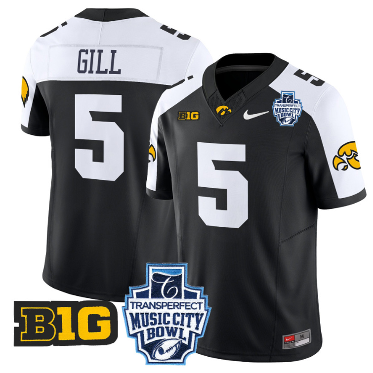 Jacob Gill Jersey #5 Iowa Hawkeyes 2024 Music City Bowl Patch Black Alternate