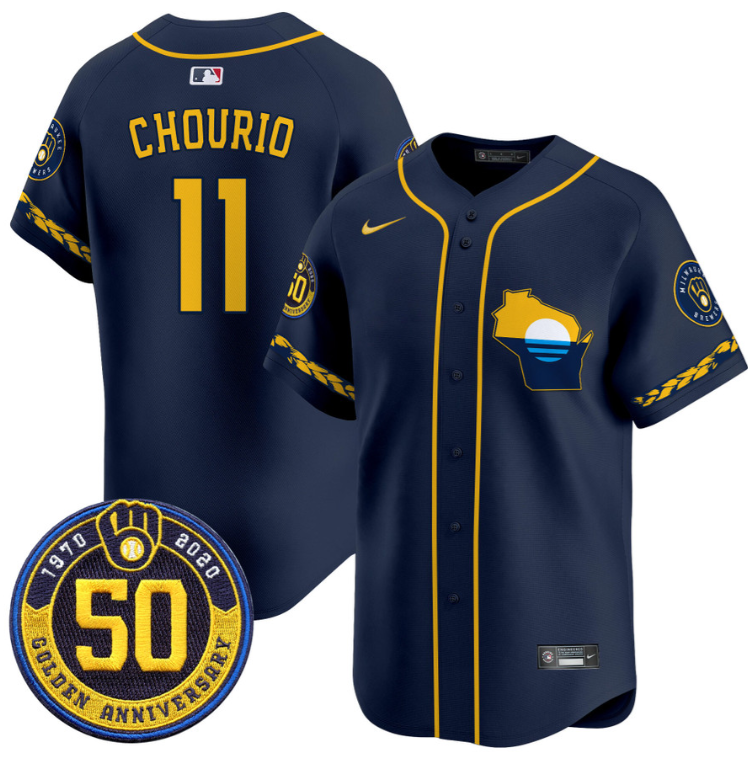 Jackson Chourio Jersey #11 Milwaukee Brewers Golden 50th Anniversary Patch Stitched Pinstripe