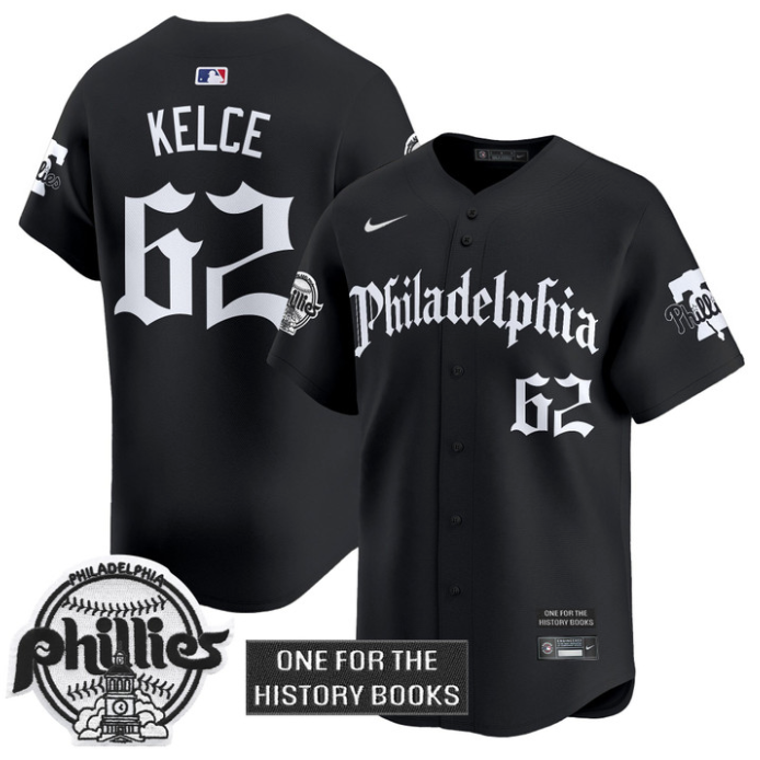 Jason Kelce Jersey #62 Phillies Retro Newspaper Edition Vapor Premier Limited Stitched Black