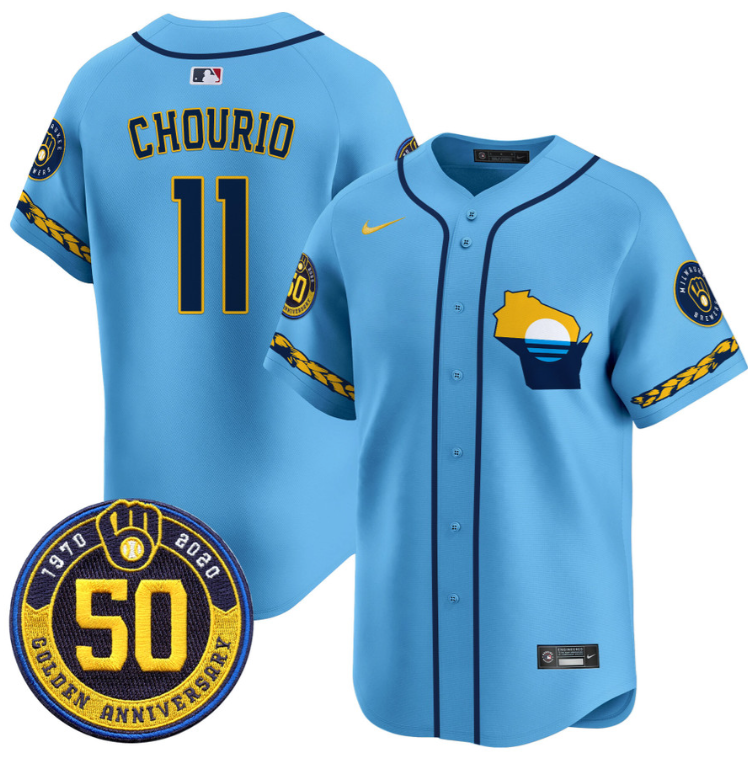 Jackson Chourio Jersey #11 Milwaukee Brewers Golden 50th Anniversary Patch Stitched Blue