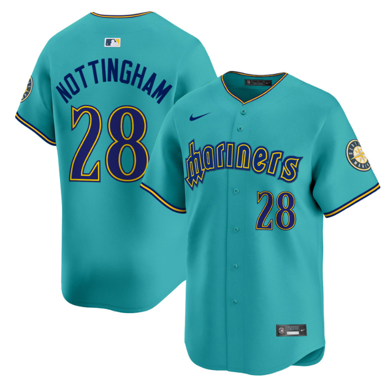Jacob Nottingham Jersey #28 Seattle Mariners 2025 Vapor Premier Limited Stitched Aqua
